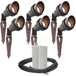 Pro LED outdoor landscape lighting 6 spot light kit EMCOD 100watt power pack photocell, mechanical timer, 80-foot cable