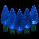 LED blue Christmas lights 50 C9 faceted LED bulbs 8" spacing, 34.2ft. green wire, 120VAC