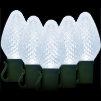 LED cool white Christmas lights 50 C7 faceted LED bulbs 8" spacing, 34.2ft. green wire, 120VAC