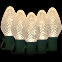 LED warm white Christmas lights 50 C7 faceted LED bulbs 8" spacing, 34.2ft. green wire, 120VAC