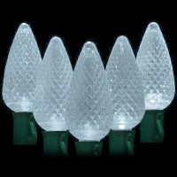 LED cool white Christmas lights 50 C9 faceted LED bulbs 8" spacing, 34.2ft. green wire, 120VAC