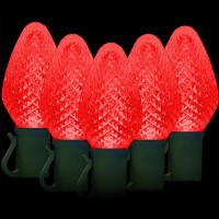 LED red Christmas lights 50 C7 faceted LED bulbs 8" spacing, 34.2ft. green wire, 120VAC