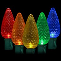 LED multi color Christmas lights 50 C9 faceted LED bulbs 8" spacing, 34.2ft. green wire, 120VAC