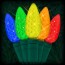 LED multi color Christmas lights 50 C6 LED strawberry style bulbs 6" spacing, 23ft. green wire, 120VAC