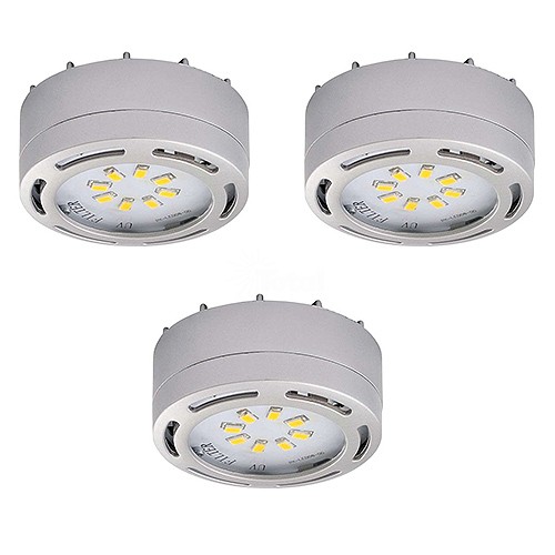 hand over comb patron LED satin nickel 3 puck light kit 120volt recessed or surface mount under  cabinet lighting dimmable linkable warm white
